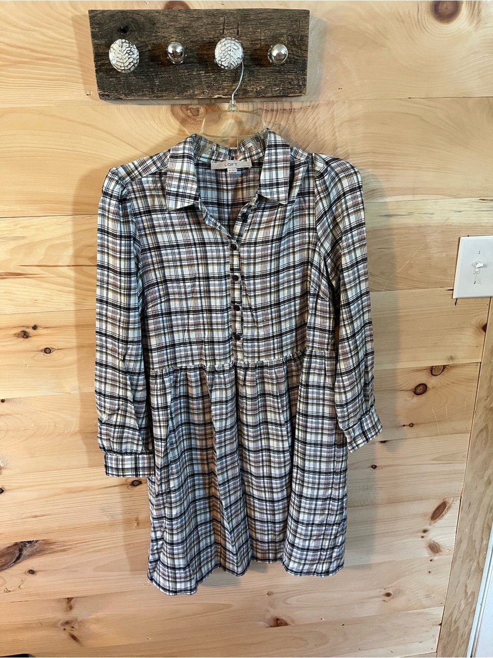 Loft Plaid Button-Front Mini Dress in Brown & Cream Size MP